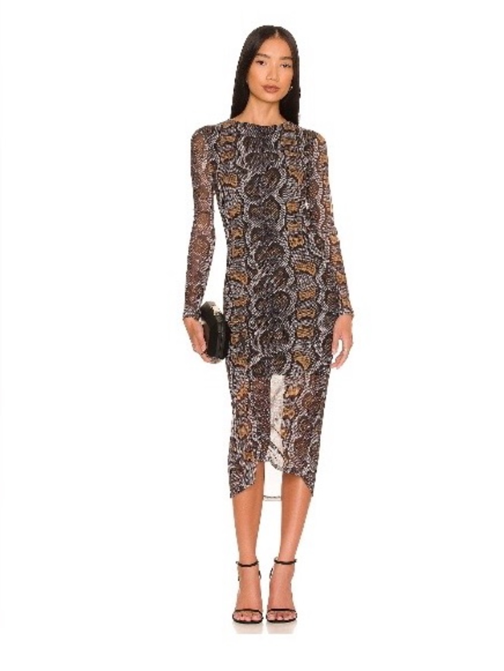 All Saints Long-Sleeve Snake-Print Bodycon Dress in Black and Brown